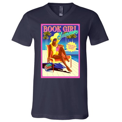 Vintage Retro Book Girl Summer Poster V-Neck T-Shirt