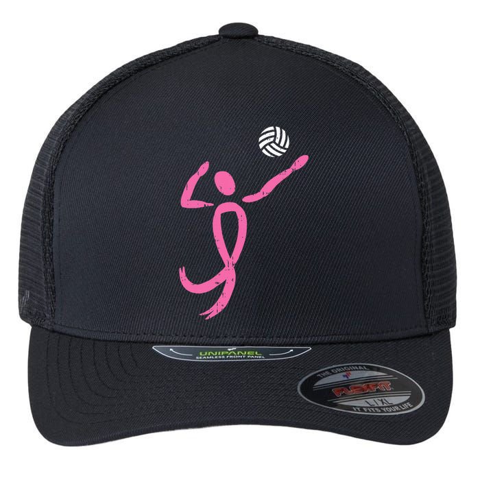 Volleyball Ribbon Breast Cancer Awareness Sport Gift Flexfit Unipanel Trucker Cap