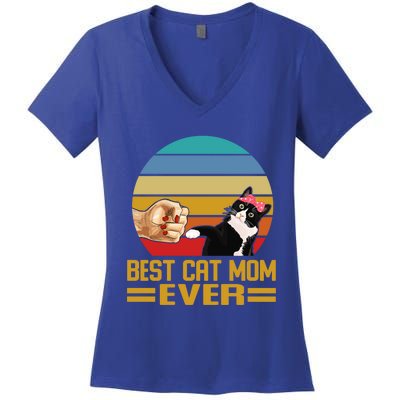 Vintage Retro Best Cat Mom Ever Cat Lover Family Funny Gift Women's V-Neck T-Shirt