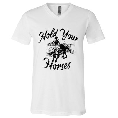 Vintage Rodeo Cow Hold Your Horses Retro Western Gift V-Neck T-Shirt