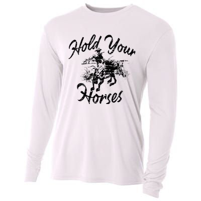 Vintage Rodeo Cow Hold Your Horses Retro Western Gift Cooling Performance Long Sleeve Crew