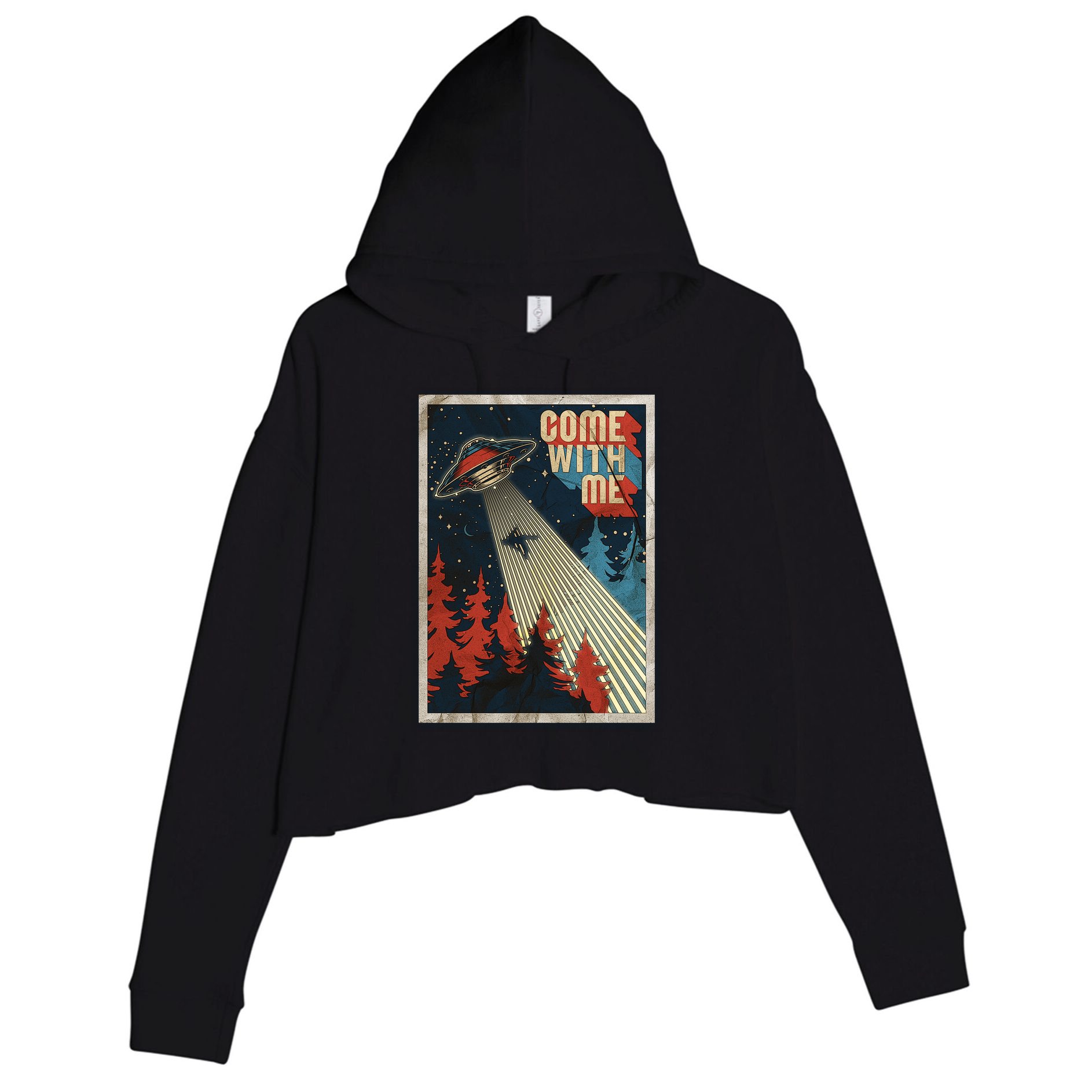 Vintage Retro Come With Me UFO Poster Crop Fleece Hoodie