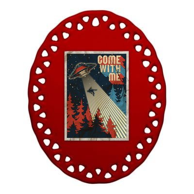 Vintage Retro Come With Me UFO Poster Ceramic Oval Ornament