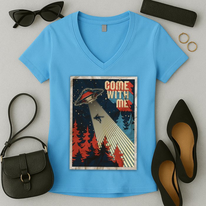 Vintage Retro Come With Me UFO Poster Women's V-Neck T-Shirt
