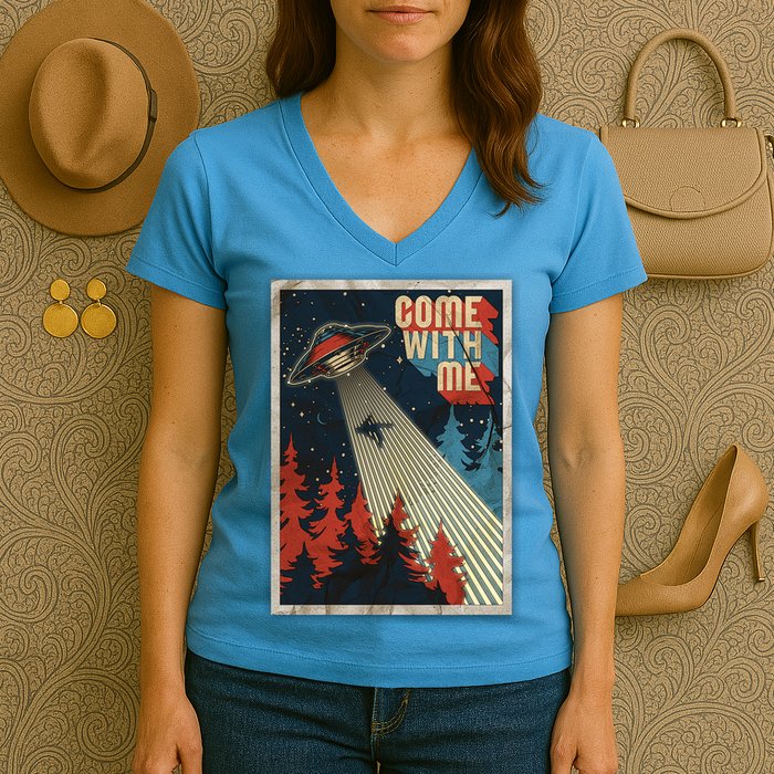 Vintage Retro Come With Me UFO Poster Women's V-Neck T-Shirt