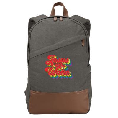 Vintage Retro Christian Ally Pride Rainbow Jesus Was Woke Cotton Canvas Backpack