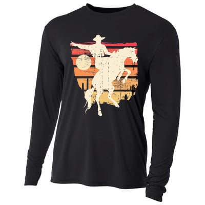 Vintage Retro Cow Rodeo Bucking Horse Riding Cooling Performance Long Sleeve Crew