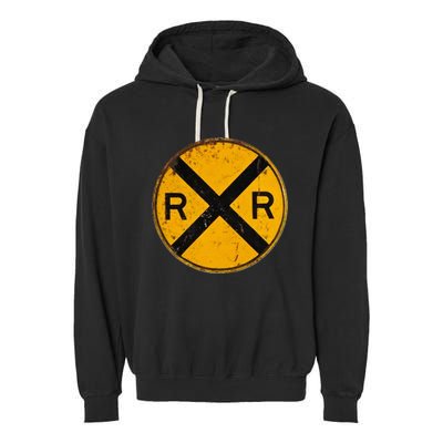 Vintage Railroad Crossing Sign Worker Engineer Garment-Dyed Fleece Hoodie