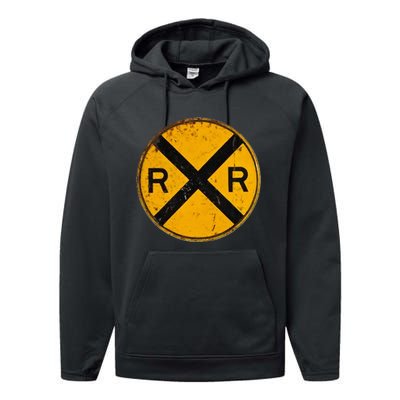 Vintage Railroad Crossing Sign Worker Engineer Performance Fleece Hoodie