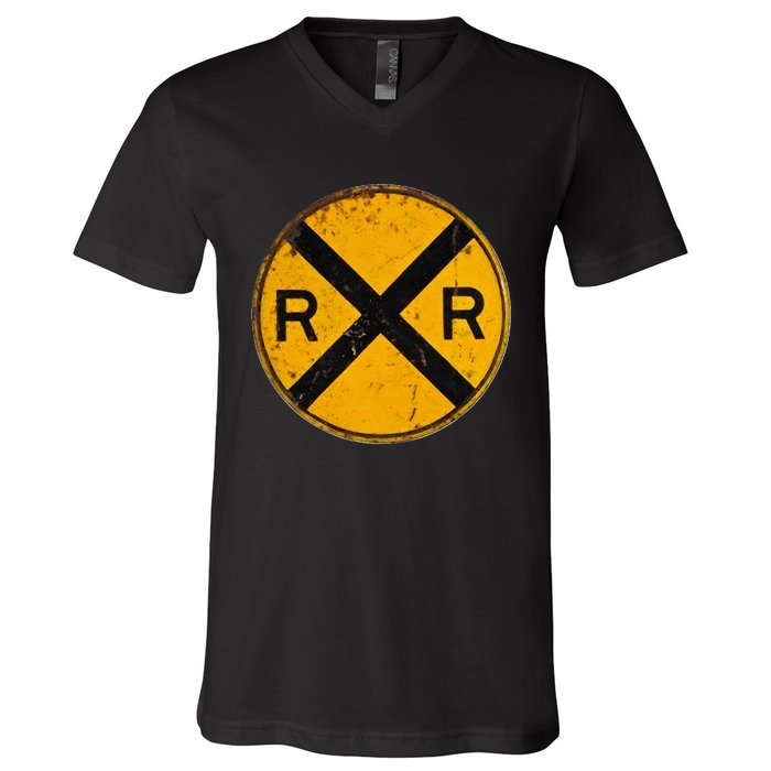 Vintage Railroad Crossing Sign Worker Engineer V-Neck T-Shirt