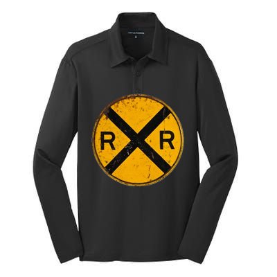 Vintage Railroad Crossing Sign Worker Engineer Silk Touch Performance Long Sleeve Polo