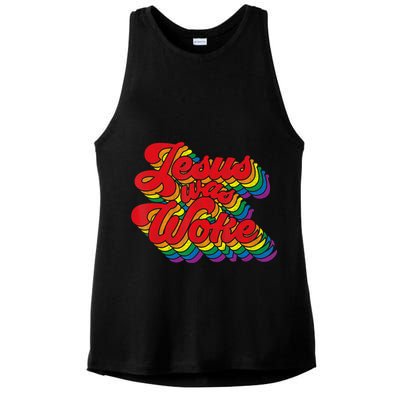 Vintage Retro Christian Ally Pride Rainbow Jesus Was Woke Ladies PosiCharge Tri-Blend Wicking Tank