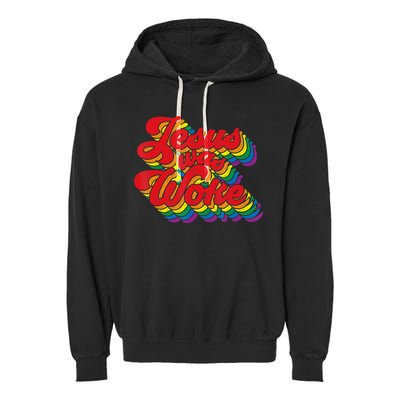 Vintage Retro Christian Ally Pride Rainbow Jesus Was Woke Garment-Dyed Fleece Hoodie