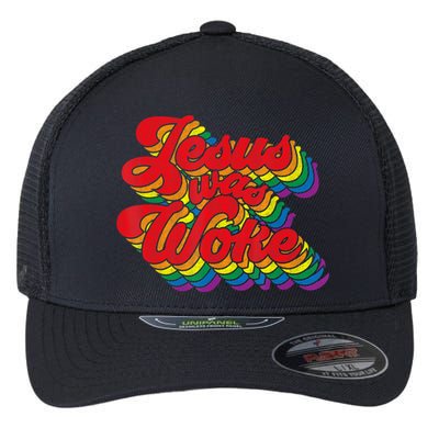 Vintage Retro Christian Ally Pride Rainbow Jesus Was Woke Flexfit Unipanel Trucker Cap