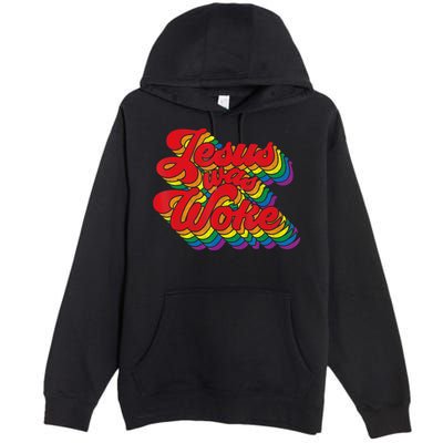 Vintage Retro Christian Ally Pride Rainbow Jesus Was Woke Premium Pullover Hoodie