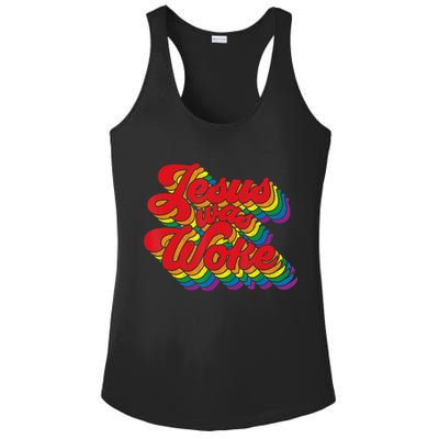Vintage Retro Christian Ally Pride Rainbow Jesus Was Woke Ladies PosiCharge Competitor Racerback Tank