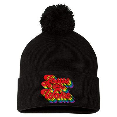 Vintage Retro Christian Ally Pride Rainbow Jesus Was Woke Pom Pom 12in Knit Beanie