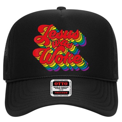Vintage Retro Christian Ally Pride Rainbow Jesus Was Woke Trucker Hat