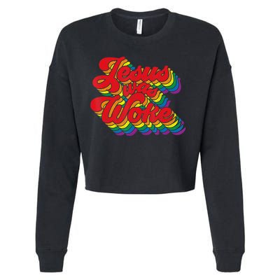 Vintage Retro Christian Ally Pride Rainbow Jesus Was Woke Cropped Pullover Crew
