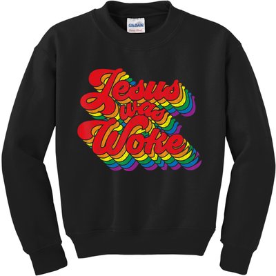Vintage Retro Christian Ally Pride Rainbow Jesus Was Woke Kids Sweatshirt