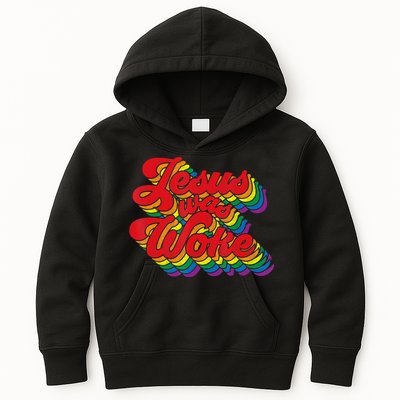 Vintage Retro Christian Ally Pride Rainbow Jesus Was Woke Kids Hoodie