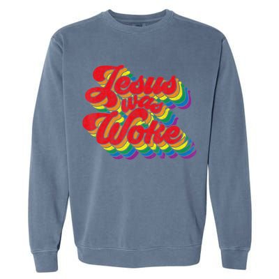 Vintage Retro Christian Ally Pride Rainbow Jesus Was Woke Garment-Dyed Sweatshirt