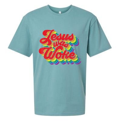 Vintage Retro Christian Ally Pride Rainbow Jesus Was Woke Sueded Cloud Jersey T-Shirt