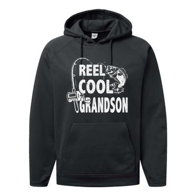 Vintage Reel Cool Grandson Birthday Fishing Performance Fleece Hoodie