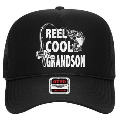 Vintage Reel Cool Grandson Birthday Fishing High Crown Mesh Back Trucker Hat