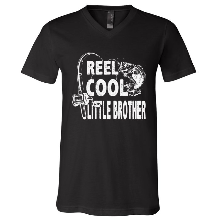 Vintage Reel Cool Little Brother Birthday Fishing V-Neck T-Shirt