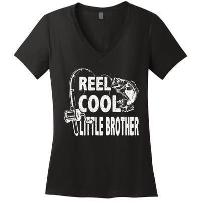 Vintage Reel Cool Little Brother Birthday Fishing Women's V-Neck T-Shirt