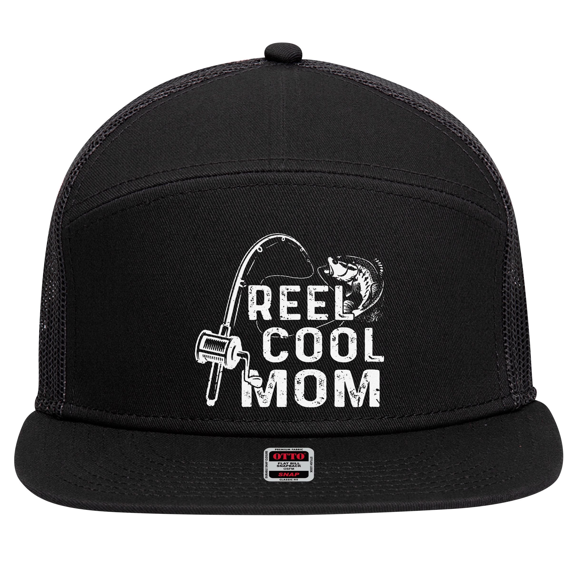 Vintage Reel Cool Mom Fishing Mom Grandma Mothers Day 7 Panel Mesh Trucker Snapback Hat