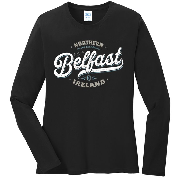 Vintage Retro City Travel Capital Belfast Northern Ireland Ladies Long Sleeve Shirt