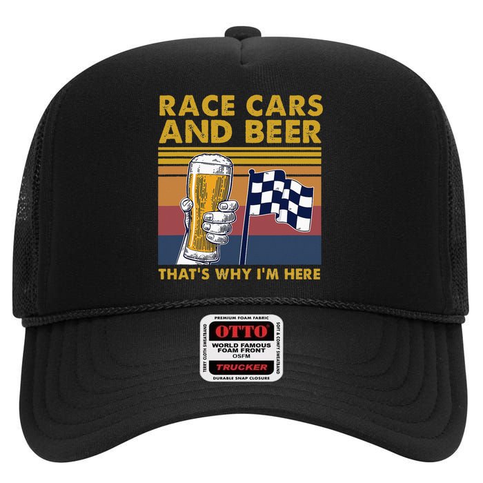 Vintage Race Cars Checkered Flag Beer That's Why I'm Here High Crown Mesh Back Trucker Hat