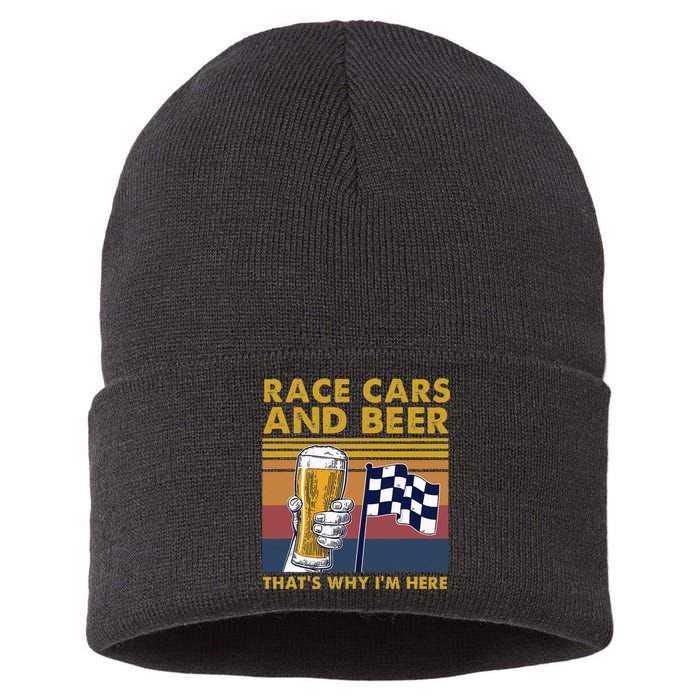 Vintage Race Cars Checkered Flag Beer That's Why I'm Here Sustainable Knit Beanie