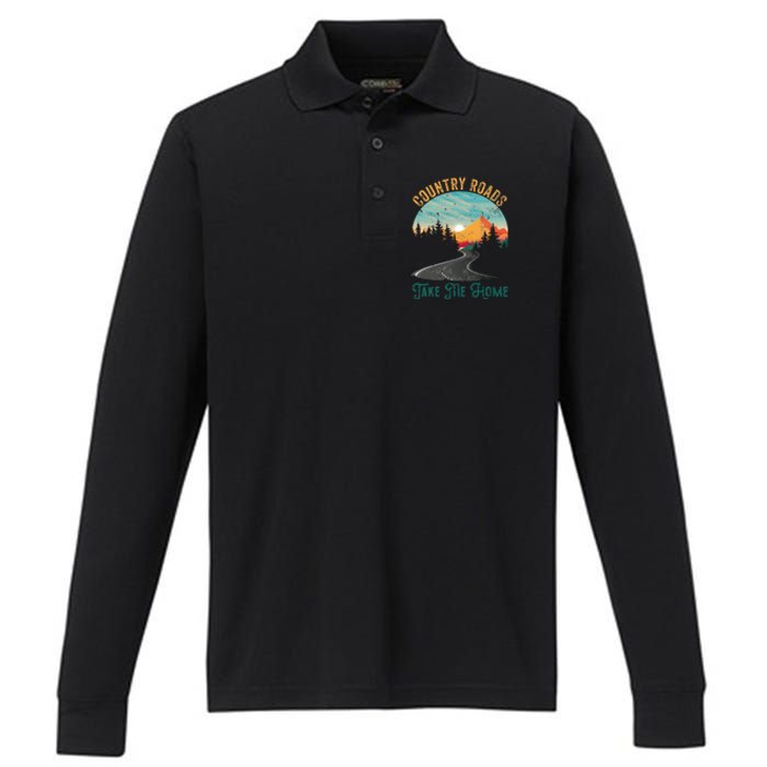 Vintage Retro Country Roads Take Me My Home Performance Long Sleeve Polo