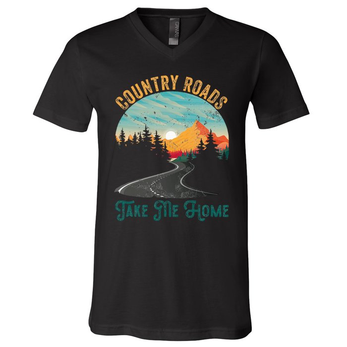 Vintage Retro Country Roads Take Me My Home V-Neck T-Shirt