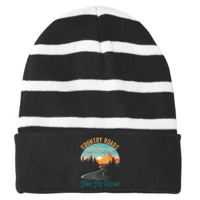 Vintage Retro Country Roads Take Me My Home Striped Beanie with Solid Band