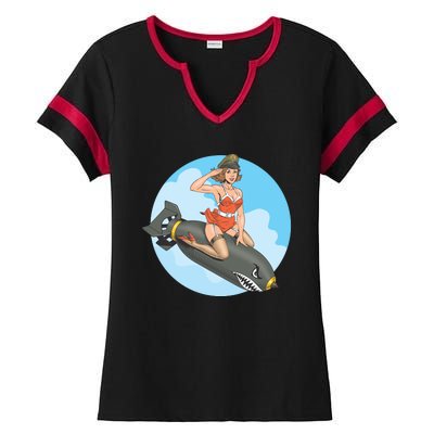 Vintage Retro Comic Style Sexy Woman Riding A Bomb Ladies Halftime Notch Neck Tee