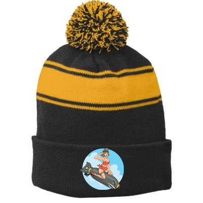 Vintage Retro Comic Style Sexy Woman Riding A Bomb Stripe Pom Pom Beanie