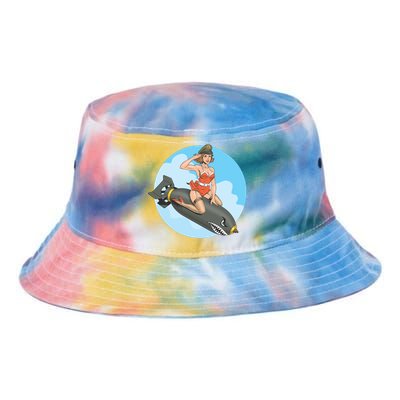 Vintage Retro Comic Style Sexy Woman Riding A Bomb Tie Dye Newport Bucket Hat