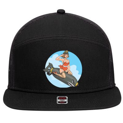 Vintage Retro Comic Style Sexy Woman Riding A Bomb 7 Panel Mesh Trucker Snapback Hat