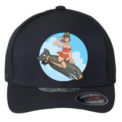 Vintage Retro Comic Style Sexy Woman Riding A Bomb Flexfit Unipanel Trucker Cap