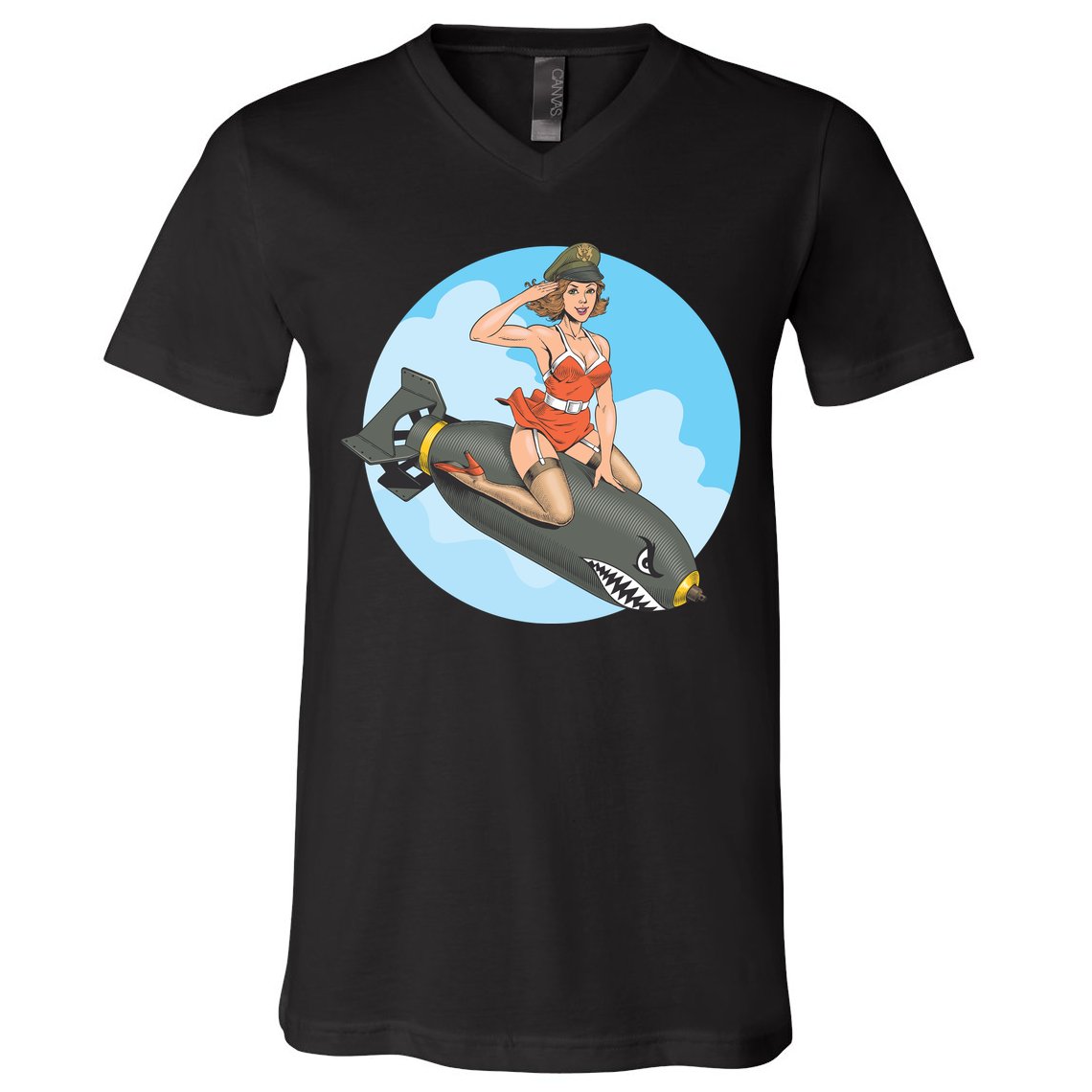 Vintage Retro Comic Style Sexy Woman Riding A Bomb V-Neck T-Shirt