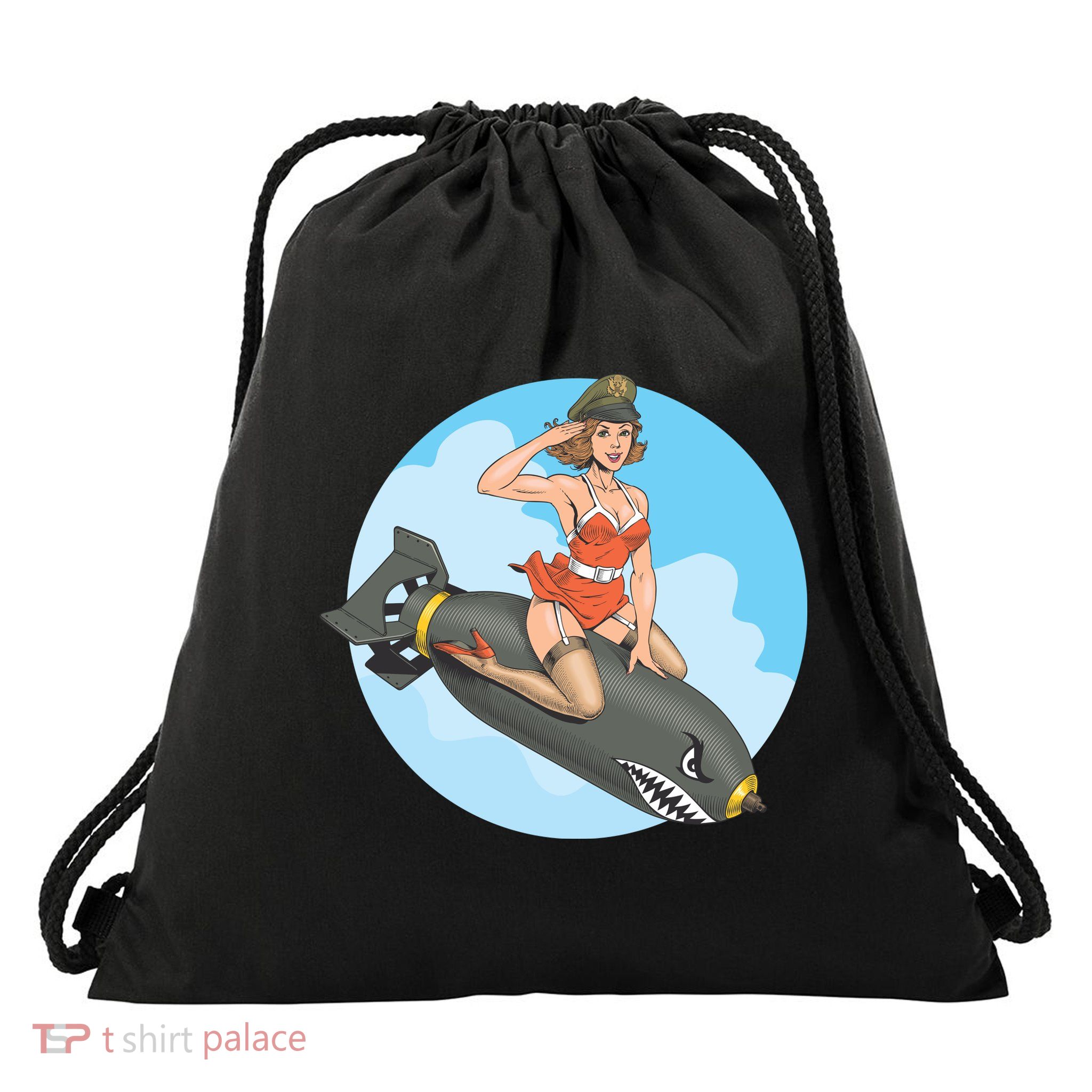 Vintage Retro Comic Style Sexy Woman Riding A Bomb Drawstring Bag