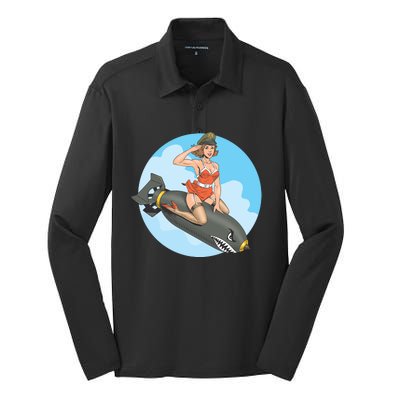 Vintage Retro Comic Style Sexy Woman Riding A Bomb Silk Touch Performance Long Sleeve Polo