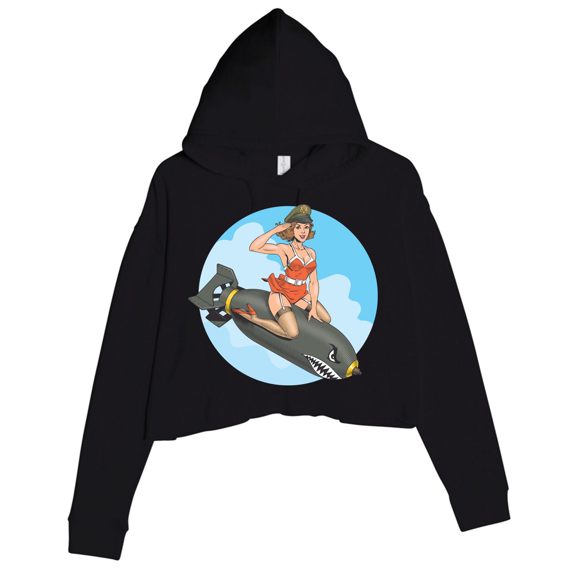 Vintage Retro Comic Style Sexy Woman Riding A Bomb Crop Fleece Hoodie