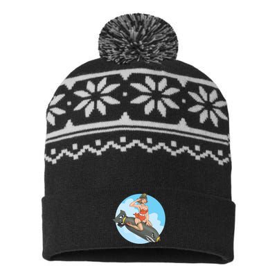 Vintage Retro Comic Style Sexy Woman Riding A Bomb USA-Made Snowflake Beanie