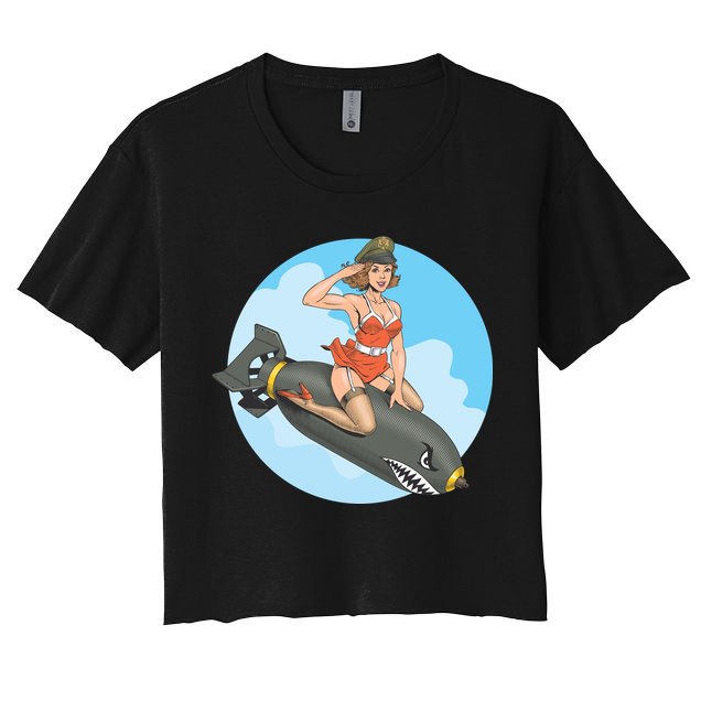 Vintage Retro Comic Style Sexy Woman Riding A Bomb Crop Top