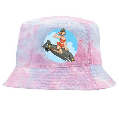 Vintage Retro Comic Style Sexy Woman Riding A Bomb Tie-Dyed Bucket Hat